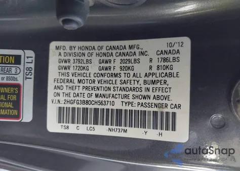 2012 Honda Civic Ex z USA, uszkodzony, nr VIN 2HGFG3B80CH563710